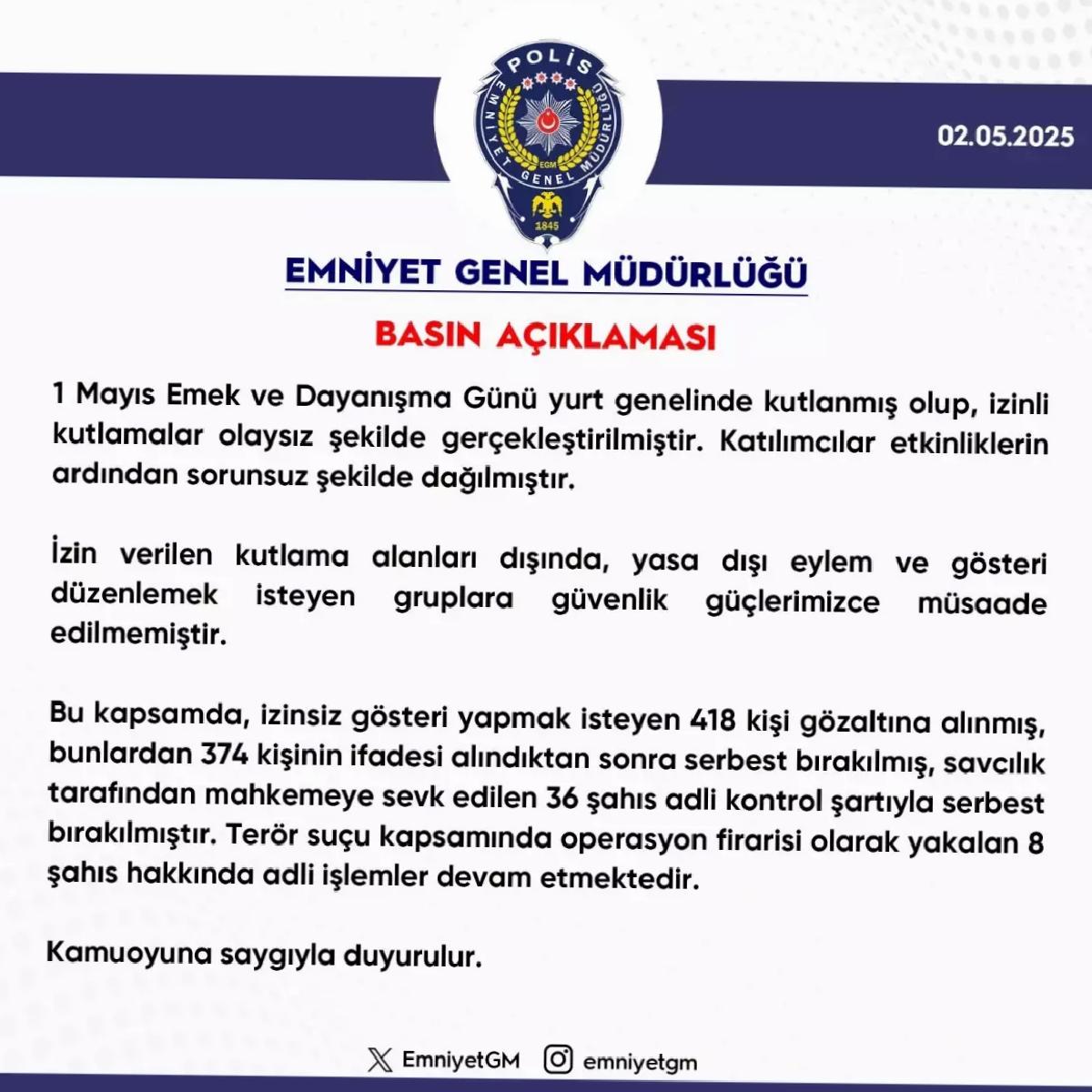 1 Mayıs’ta 418 Gözaltı