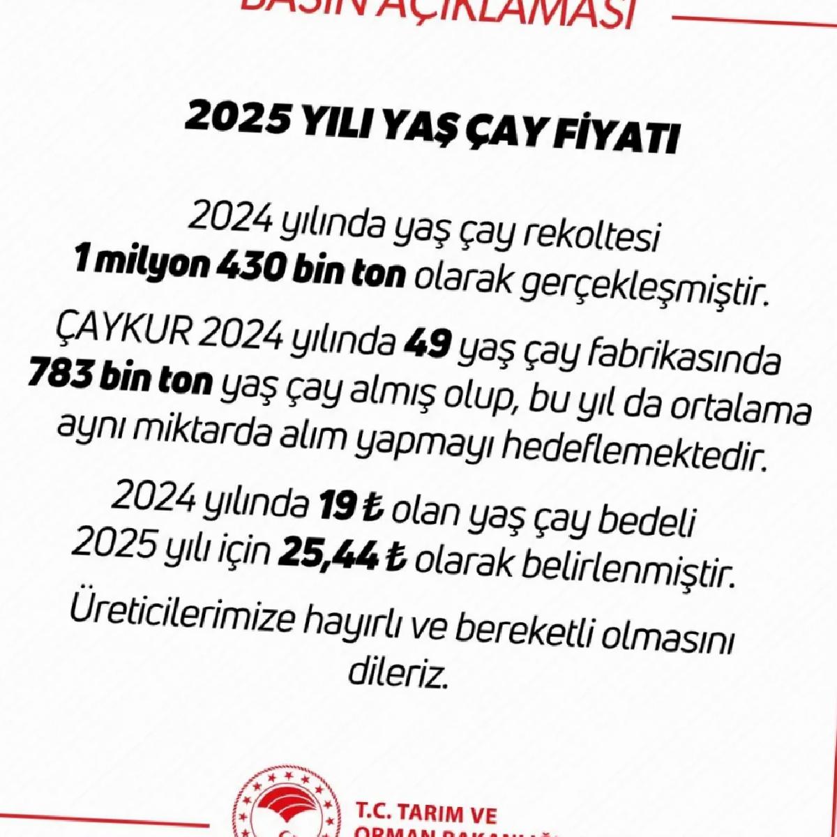 2025 Yaş Çay Alım Fiyatı Belirlendi