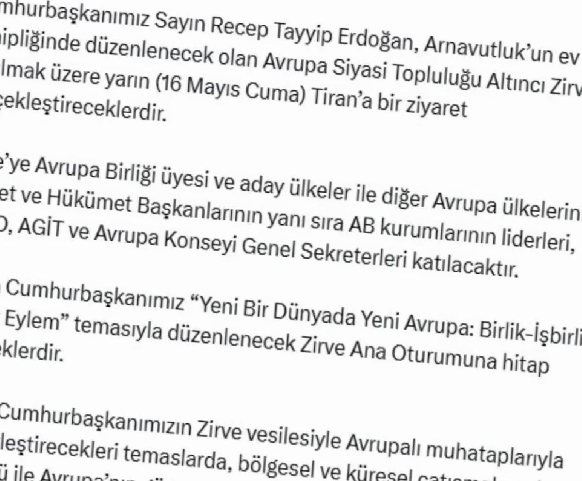 Cumhurbaşkanı Erdoğan, Avrupa Siyasi Topluluğu Altıncı Doruğu’na katılmak üzere Arnavutluk’a gidiyor