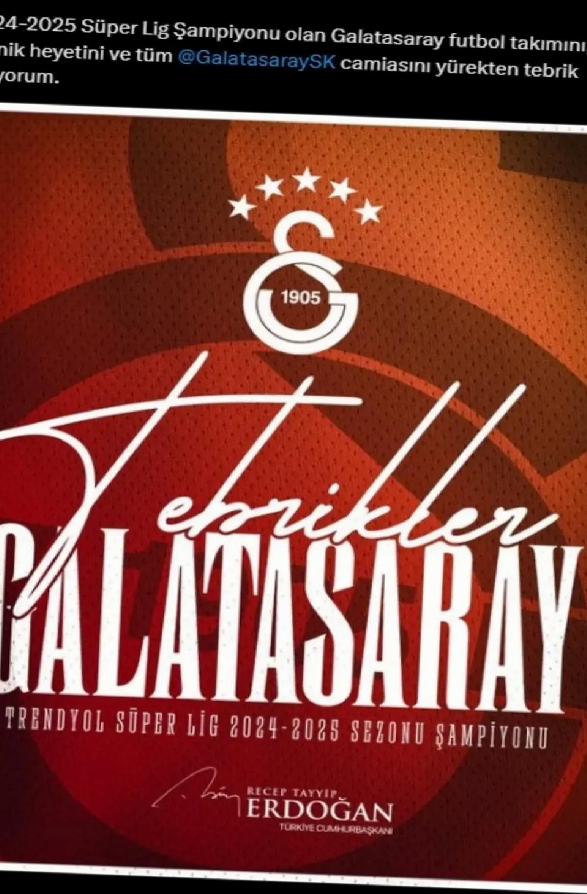 Cumhurbaşkanı Erdoğan, Galatasaray’ı Tebrik Etti