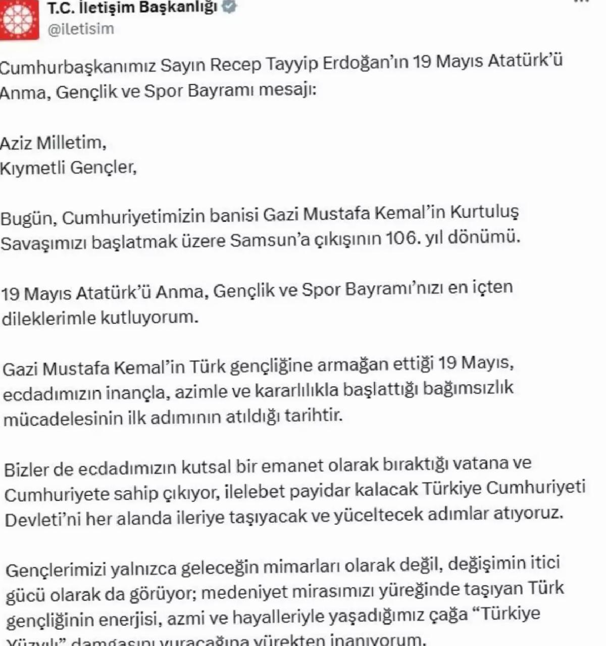 Cumhurbaşkanı Erdoğan’dan 19 Mayıs Bildirisi: Gençlerimizle Birlikte Yürüyoruz