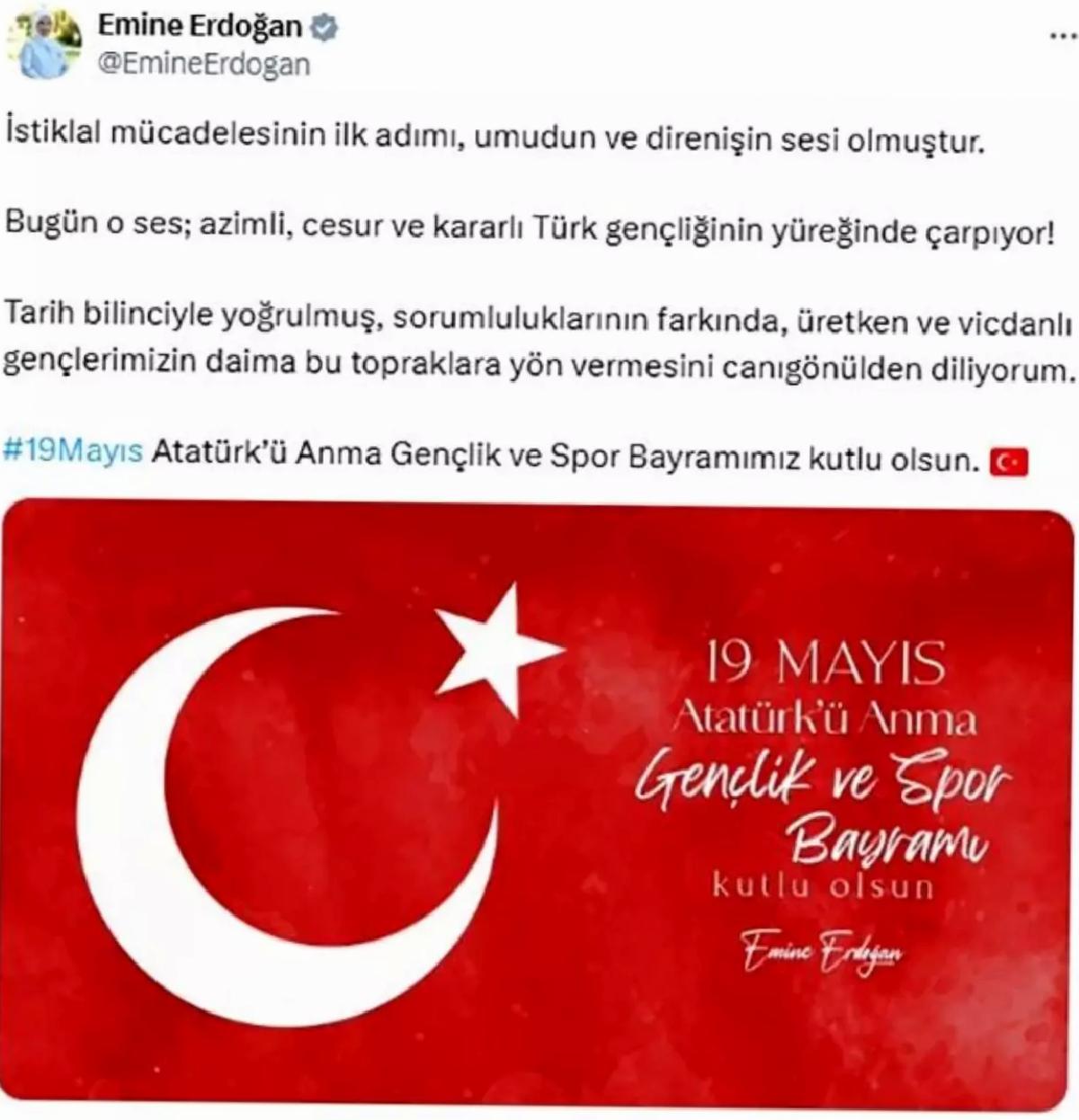 Emine Erdoğan, 19 Mayıs Atatürk’ü Anma Gençlik ve Spor Bayramı’nı kutladı