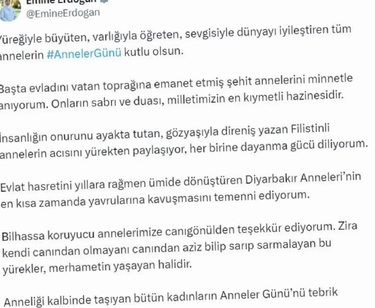 Emine Erdoğan’dan Anneler Günü iletisi: Şehit annelerini minnetle anıyorum