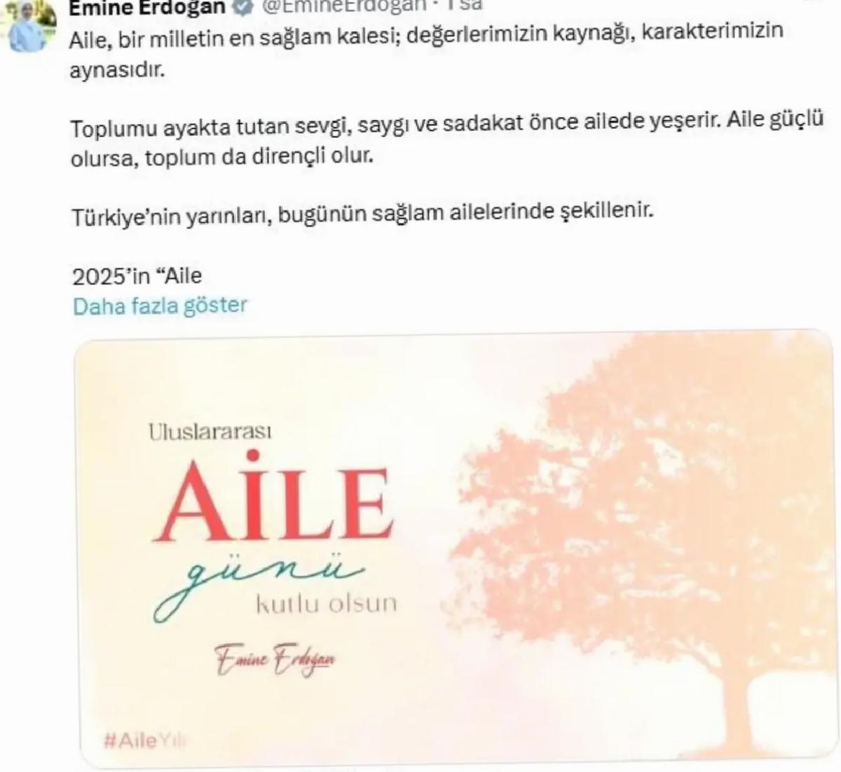 Emine Erdoğan’dan Memleketler arası Aile Günü’ne ait paylaşım Açıklaması