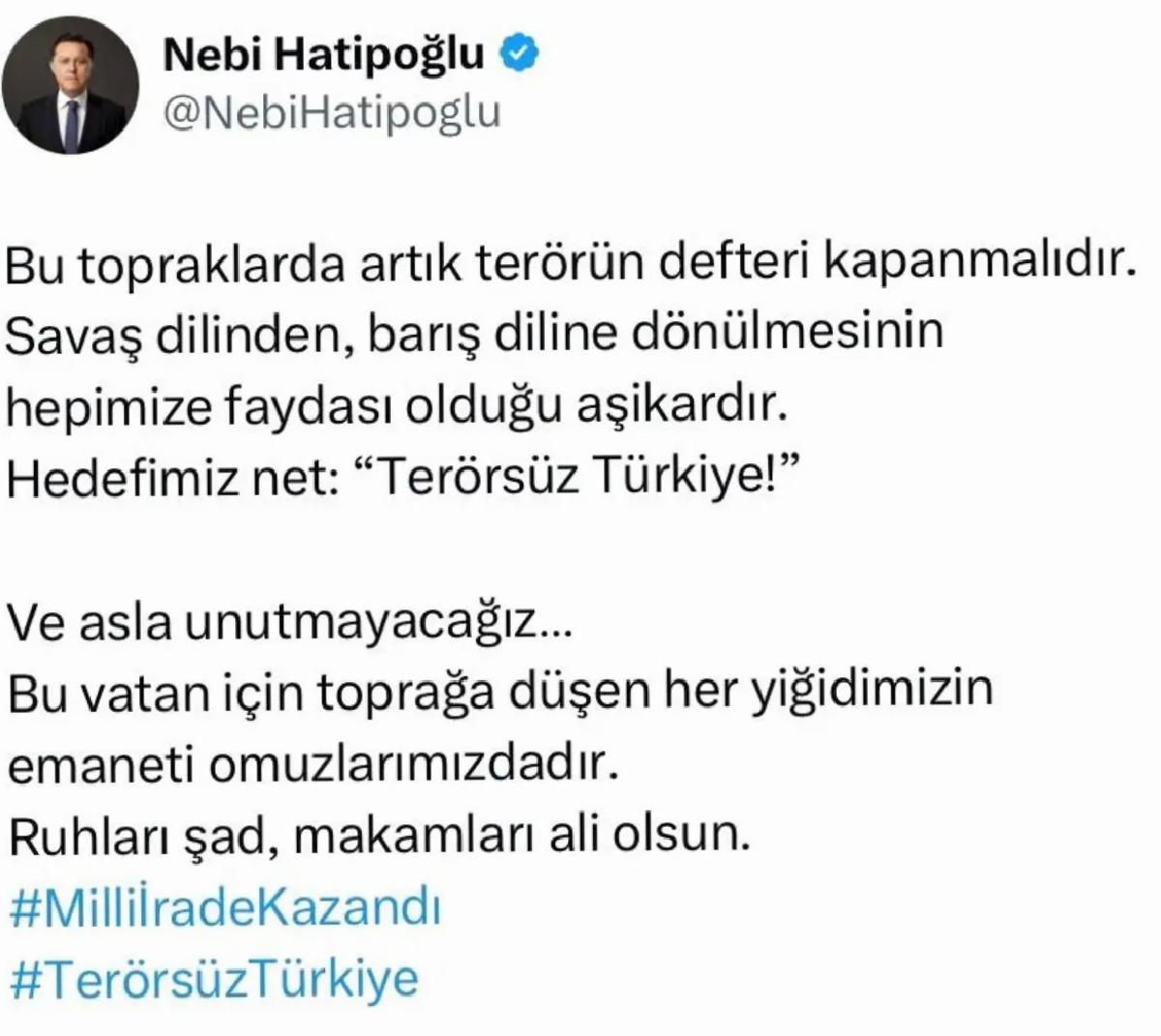 Hatipoğlu: Terörün Defteri Kapanmalıdır