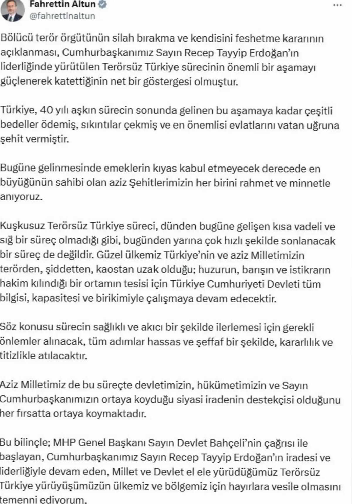 İletişim Başkanı Fahrettin Altun: ‘Terörsüz Türkiye süreci değerli bir evreyi güçlenerek katetti’