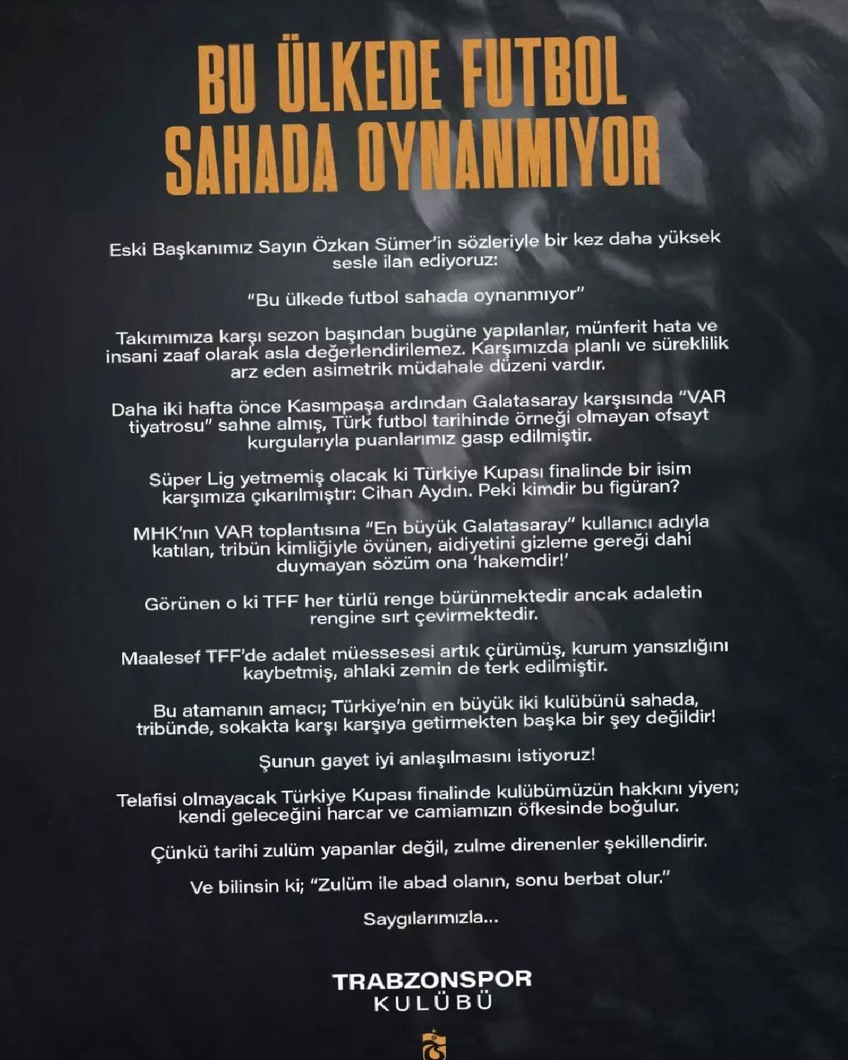 Trabzonspor’dan Türkiye Kupası Hakemine Reaksiyon