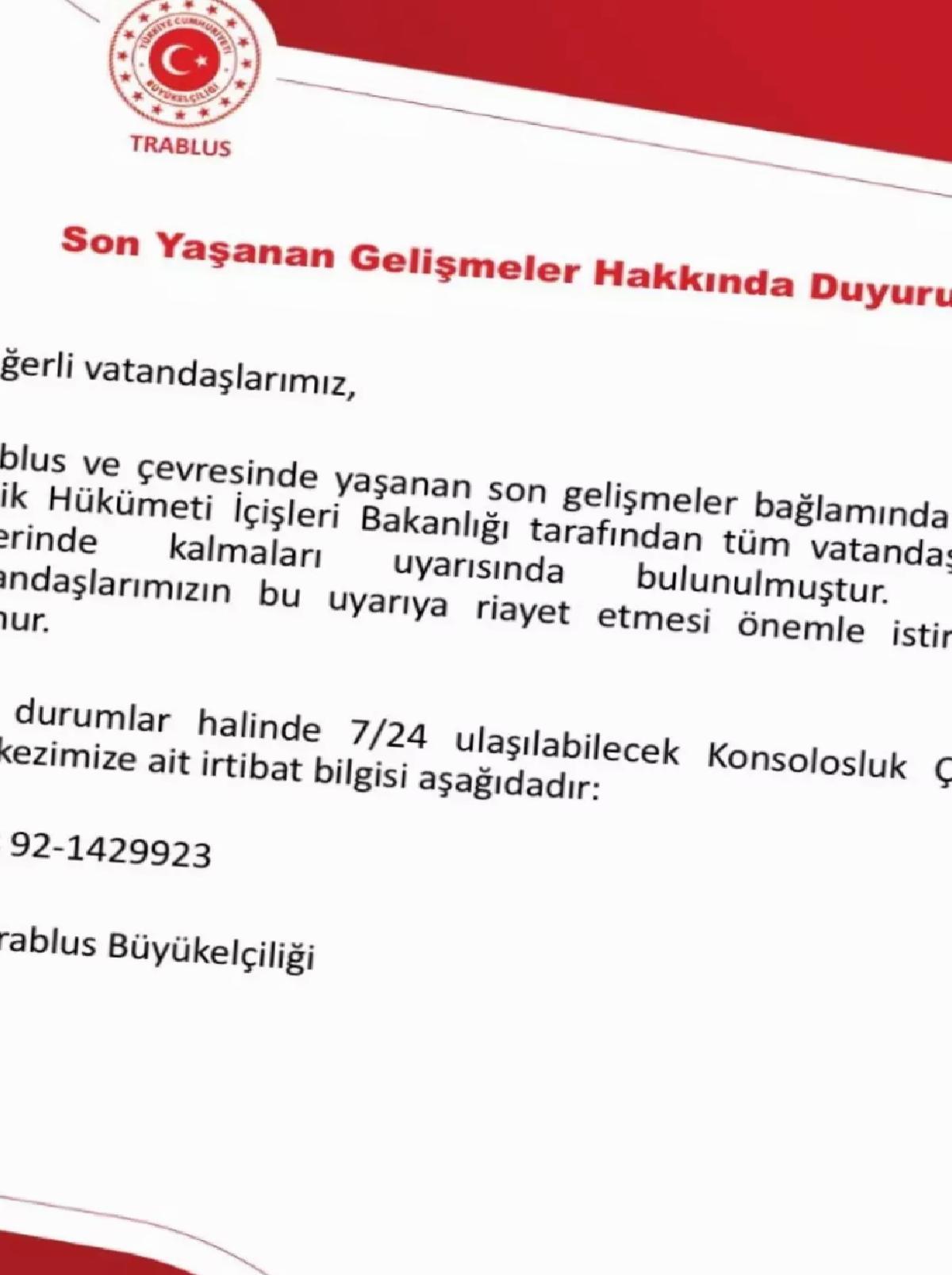 Türk Büyükelçiliğinden Konutta Kal Uyarısı