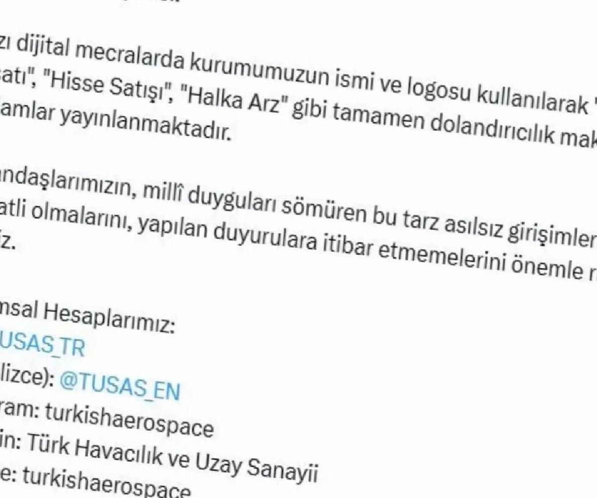 TUSAŞ’tan Dolandırıcılık Uyarısı